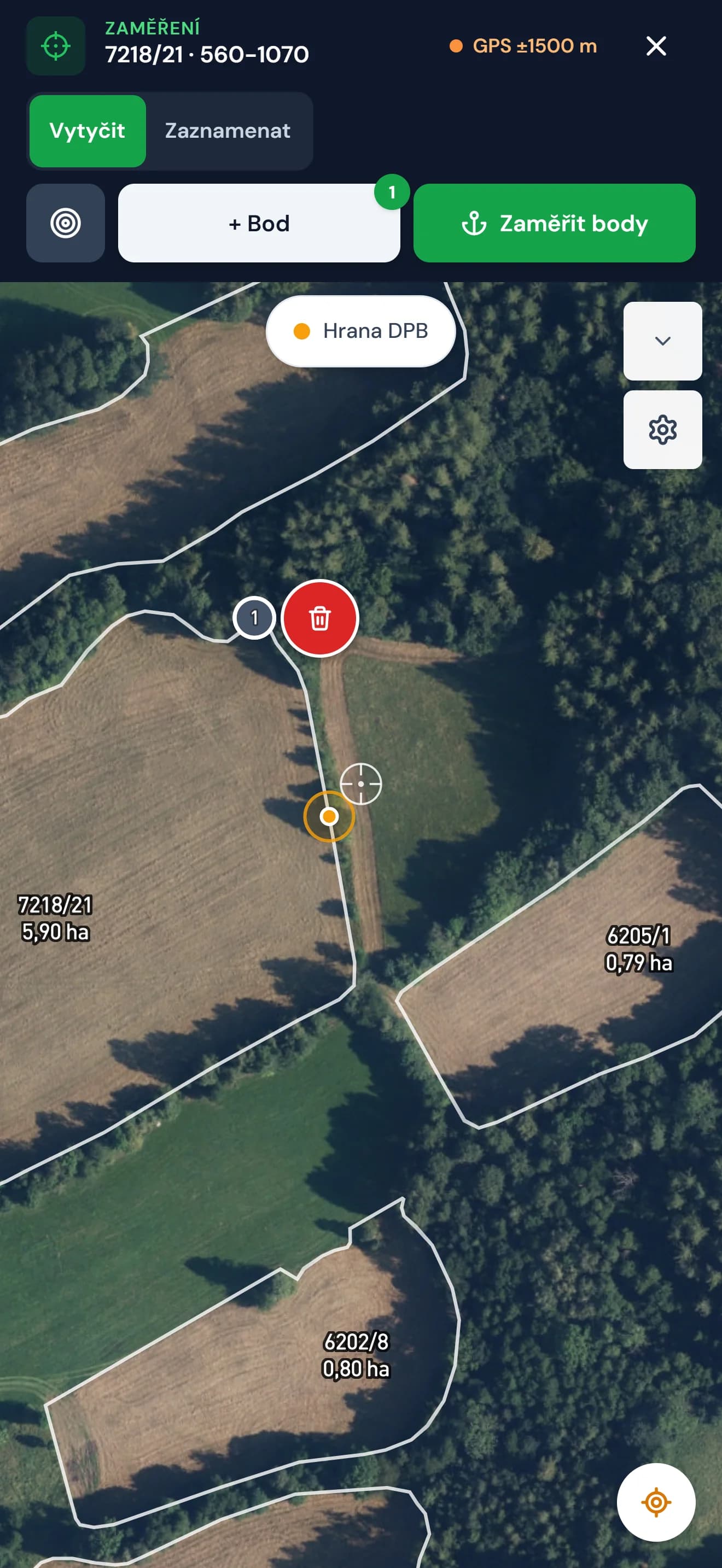 Zaměření parcely v mobilu — hrana DPB, zaměřené body a přesnost GPS